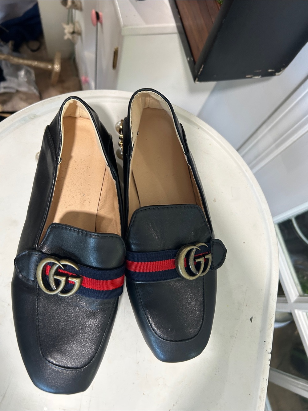 Designer inspired Black Leather Slip-On Loafers with Red & Blue Web Trim